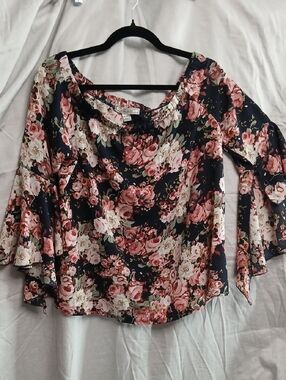 Adam Levine Collection Navy Floral Off-Shoulder Bell Sleeve Blouse